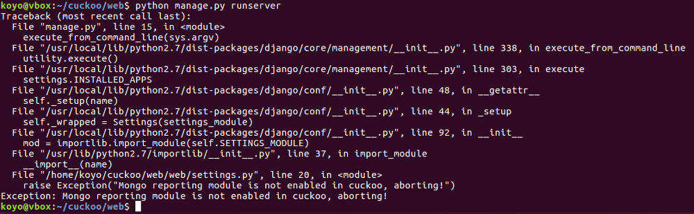 Mongo reporting module is not enabled in cuckoo, aborting!